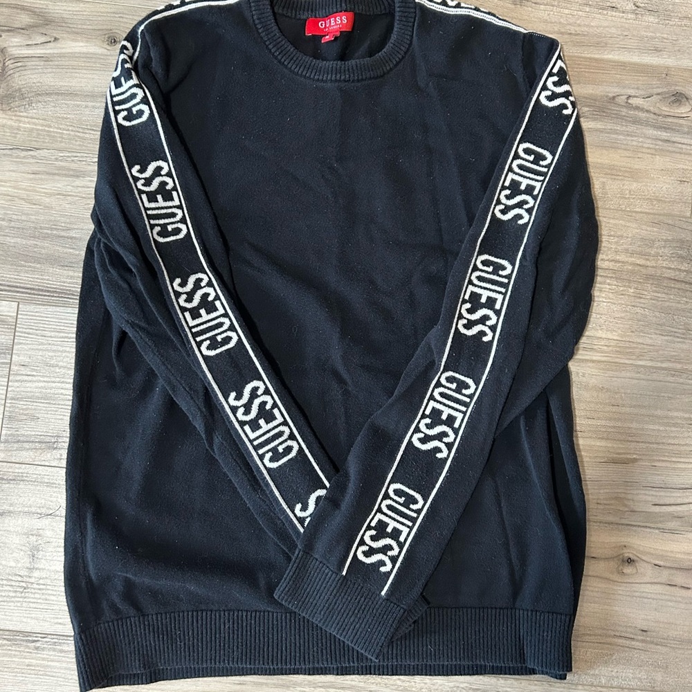 Guess Black Crewneck Sweater with Sleeve Stripes